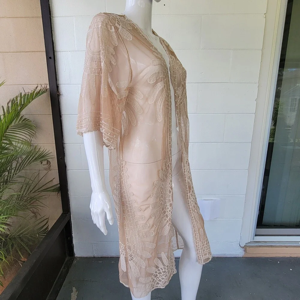 Rebellion Again Lace Mesh Kimono Cardigan Beige Women's S Boho Longline Duster